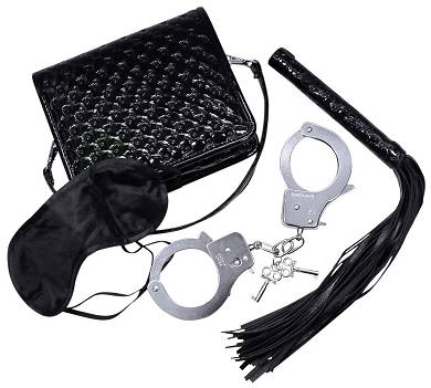 Fesselset Tasche Set Peitsche Augenmaske Handfesseln Lacktasche Handschellen