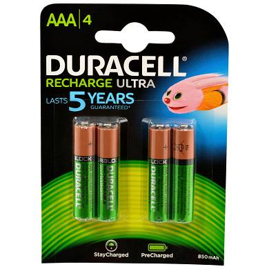 4x Duracell Recharge Ultra Akku AAA HR03 850 mAh Precharged 4 Stück
