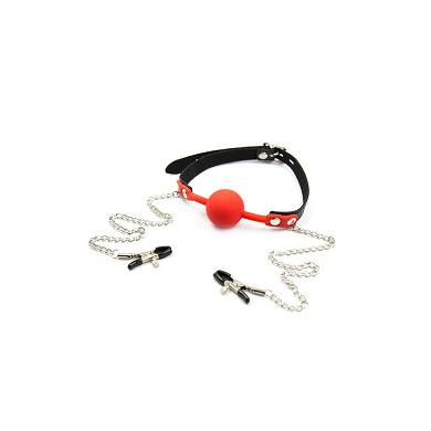 Mund Knebel Silicon Rot Mit Brustwarzenklemme Und Kette