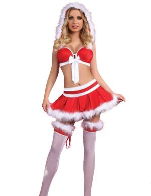 Little Miss Christmas Set mit Kapuze, gratis String und Strmpfe rot wei