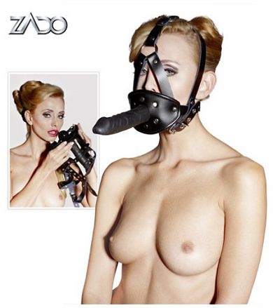 Leder Kopfgeschirr - mit Mundknebel & Dildo in Schwarz