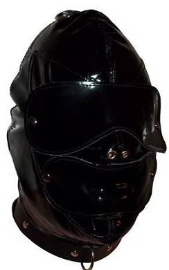 Bondage Leder Lack Kopf Maske mit abnehmbarem Knebel und Augenbinde schwarz