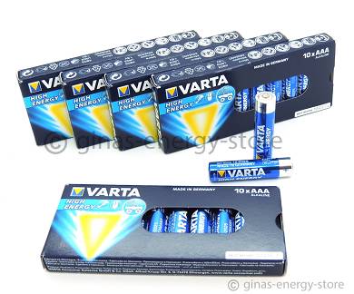 50 x VARTA High Energy AAA Micro MN2400 IN2400 LR03 in Pappverschlussstreifen
