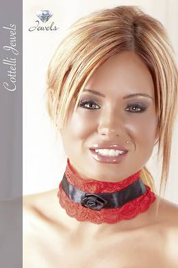 Rotes Spitzenhalsband mit schwarzem Satinband