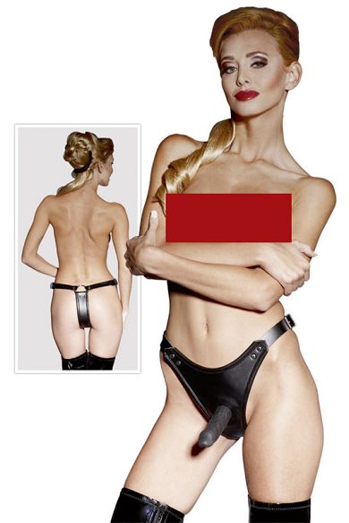 Leder StrapOn mit Silikon Dildo - schwarz