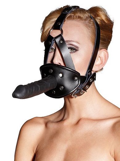 Leder-Kopfgeschirr mit Knebel und Dildo, schwarz