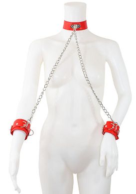OUCH Leder Halsfessel mit Handfesseln red