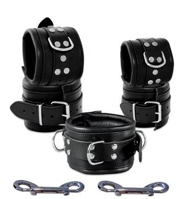 8cm breite Leder Arm Fuß Manschetten +Halsband Hand Fuß Fesseln Set schwarz
