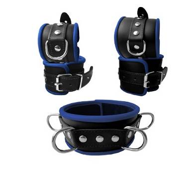 Fesselset 5 teilig aus robustem Rindsleder mit Polsterung. trendigen Nieten und D Ring