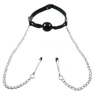 Leder-Mundknebel mit Brustklammern