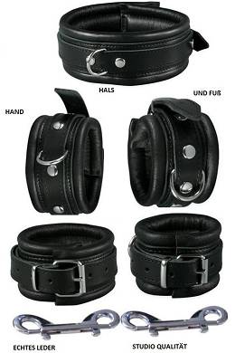 Leder Arm Fuß Manschetten + Halsband Hand Fuß Fesseln Set schwarz gepolstert