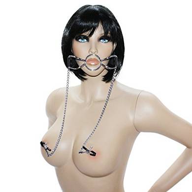 Mundknebel #7089 BDSM Ring Knebel mit Nippelklemmen
