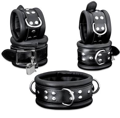 HQ Leder Arm Fuß Manschetten +Halsband Hand Fuß Fesseln Set schwarz abschließbar