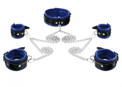 Leder Fessel-Set mit D-Ringe + Kette + Karabiner 5 cm breit - Schwarz/Blau