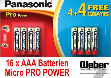 16 x Batterie AAA Micro Panasonic Pro Power Alkaline LR03 Size S 1,5V MHD 1/2020
