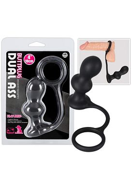 10 x 3,9 cm Dual Ass Plug mit Cockring schwarz Silikon