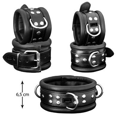 Fesselset Handfesseln Fußfessel und Halsfessel aus schwarzem Leder 6.5 cm breit [Sib