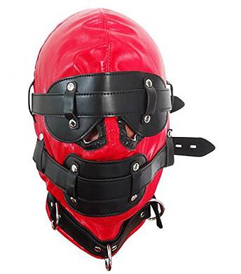 Extasialand PVC-Leder Bondage Maske Maulkorb Face Harness BDSM in rot abschließbar