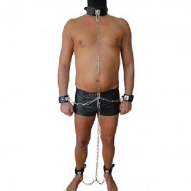 Leder Fesselset mit drehbaren Edelstahlringen Schwarz mit dicker Kette und Karabinern