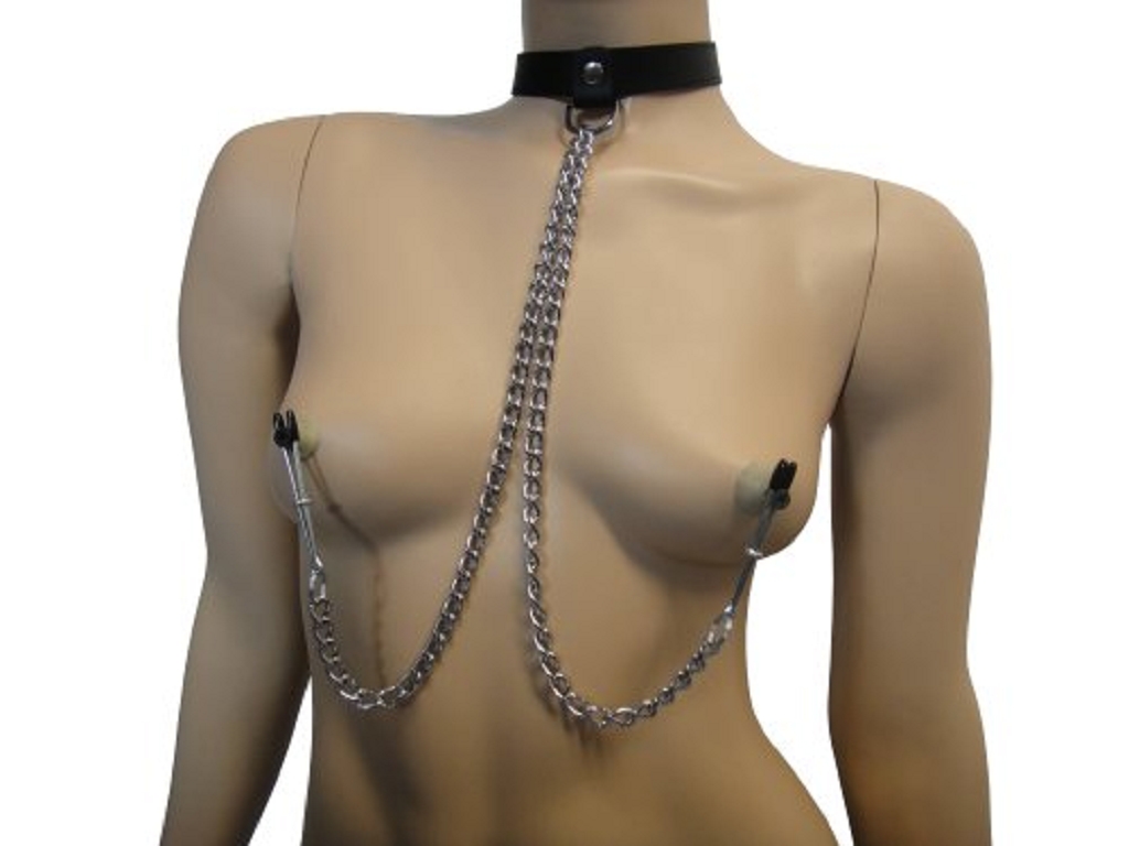 Bondage Erotik Echt Leder Halsband Schwarz Mit Nippelspangen