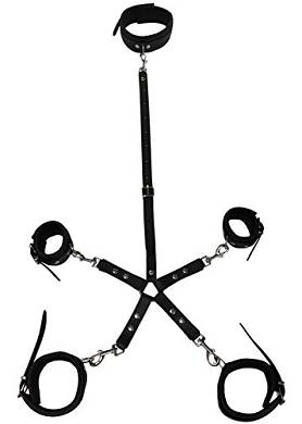 Bondage echt Leder Hogtied Fessel Kreuz mit Halsband Verbindung inkl. Halsband Handfesseln